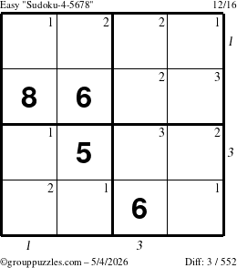 The grouppuzzles.com Easy Sudoku-4-5678 puzzle for Monday May 4, 2026 with all 3 steps marked