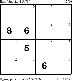 The grouppuzzles.com Easy Sudoku-4-5678 puzzle for Monday May 4, 2026 with the first 3 steps marked