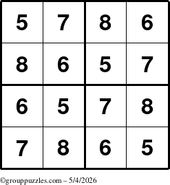 The grouppuzzles.com Answer grid for the Sudoku-4-5678 puzzle for Monday May 4, 2026