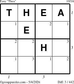 The grouppuzzles.com Easy Thea puzzle for Monday May 4, 2026, suitable for printing, with all 3 steps marked