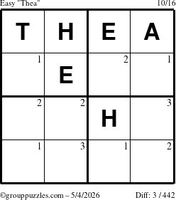 The grouppuzzles.com Easy Thea puzzle for Monday May 4, 2026 with the first 3 steps marked