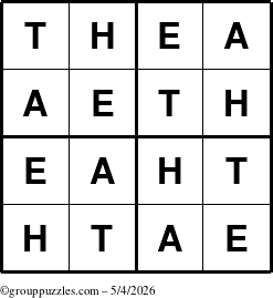 The grouppuzzles.com Answer grid for the Thea puzzle for Monday May 4, 2026