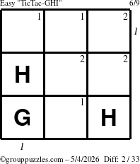 The grouppuzzles.com Easy TicTac-GHI puzzle for Monday May 4, 2026, suitable for printing, with all 2 steps marked