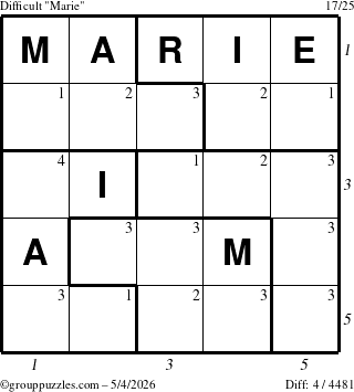 The grouppuzzles.com Difficult Marie puzzle for Monday May 4, 2026 with all 4 steps marked