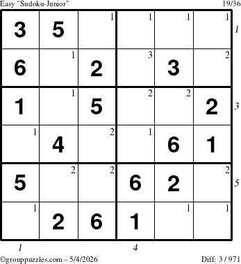 The grouppuzzles.com Easy Sudoku-Junior puzzle for Monday May 4, 2026 with all 3 steps marked