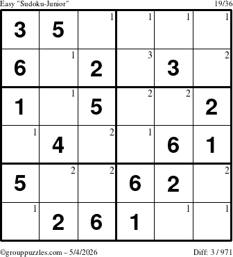 The grouppuzzles.com Easy Sudoku-Junior puzzle for Monday May 4, 2026 with the first 3 steps marked
