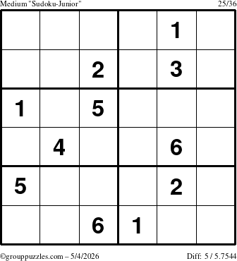 The grouppuzzles.com Medium Sudoku-Junior puzzle for Monday May 4, 2026