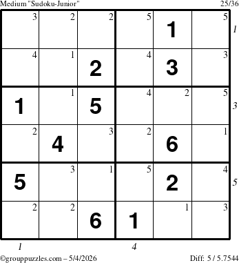 The grouppuzzles.com Medium Sudoku-Junior puzzle for Monday May 4, 2026 with all 5 steps marked