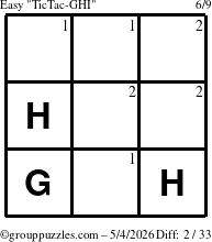 The grouppuzzles.com Easy TicTac-GHI puzzle for Monday May 4, 2026 with the first 2 steps marked