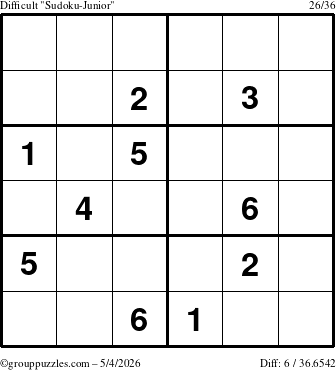 The grouppuzzles.com Difficult Sudoku-Junior puzzle for Monday May 4, 2026