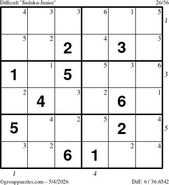 The grouppuzzles.com Difficult Sudoku-Junior puzzle for Monday May 4, 2026, suitable for printing, with all 6 steps marked