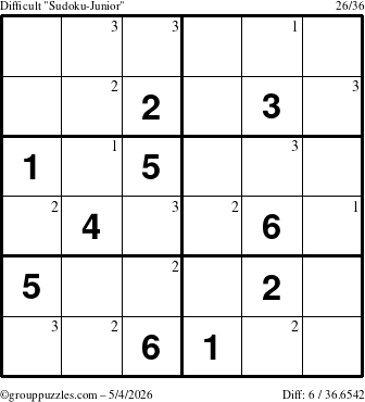 The grouppuzzles.com Difficult Sudoku-Junior puzzle for Monday May 4, 2026 with the first 3 steps marked