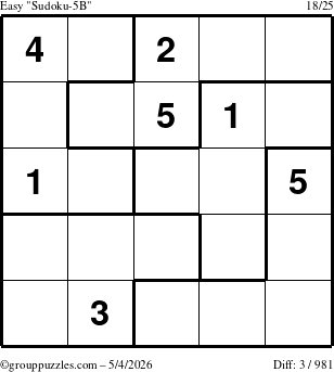 The grouppuzzles.com Easy Sudoku-5B puzzle for Monday May 4, 2026