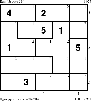 The grouppuzzles.com Easy Sudoku-5B puzzle for Monday May 4, 2026, suitable for printing, with all 3 steps marked
