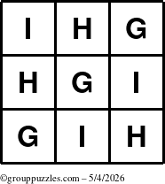 The grouppuzzles.com Answer grid for the TicTac-GHI puzzle for Monday May 4, 2026