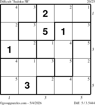 The grouppuzzles.com Difficult Sudoku-5B puzzle for Monday May 4, 2026, suitable for printing, with all 5 steps marked