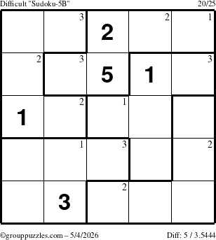 The grouppuzzles.com Difficult Sudoku-5B puzzle for Monday May 4, 2026 with the first 3 steps marked