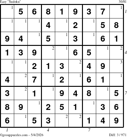 The grouppuzzles.com Easy Sudoku puzzle for Monday May 4, 2026 with all 3 steps marked