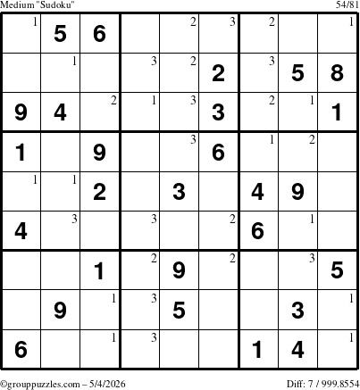 The grouppuzzles.com Medium Sudoku puzzle for Monday May 4, 2026 with the first 3 steps marked