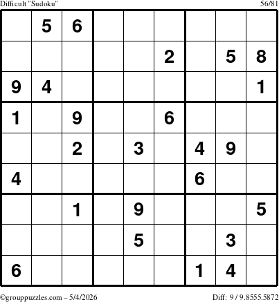 The grouppuzzles.com Difficult Sudoku puzzle for Monday May 4, 2026