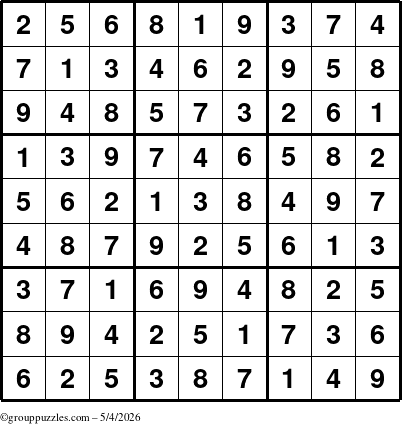 The grouppuzzles.com Answer grid for the Sudoku puzzle for Monday May 4, 2026