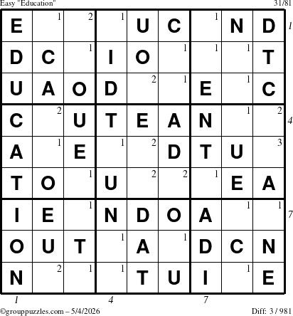 The grouppuzzles.com Easy Education-c1 puzzle for Monday May 4, 2026, suitable for printing, with all 3 steps marked