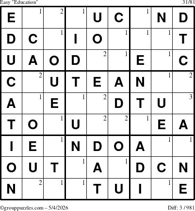 The grouppuzzles.com Easy Education-c1 puzzle for Monday May 4, 2026 with the first 3 steps marked