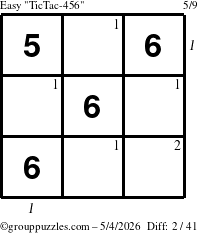 The grouppuzzles.com Easy TicTac-456 puzzle for Monday May 4, 2026, suitable for printing, with all 2 steps marked