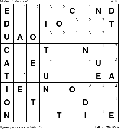 The grouppuzzles.com Medium Education-c1 puzzle for Monday May 4, 2026 with the first 3 steps marked
