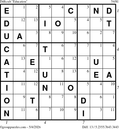 The grouppuzzles.com Difficult Education-c1 puzzle for Monday May 4, 2026, suitable for printing, with all 13 steps marked