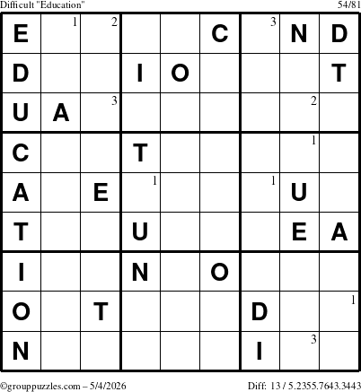 The grouppuzzles.com Difficult Education-c1 puzzle for Monday May 4, 2026 with the first 3 steps marked