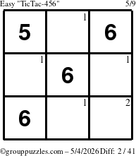 The grouppuzzles.com Easy TicTac-456 puzzle for Monday May 4, 2026 with the first 2 steps marked