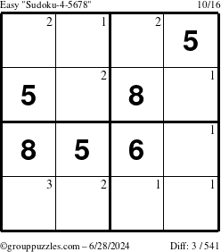 The grouppuzzles.com Easy Sudoku-4-5678 puzzle for Friday June 28, 2024 with the first 3 steps marked