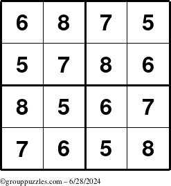 The grouppuzzles.com Answer grid for the Sudoku-4-5678 puzzle for Friday June 28, 2024