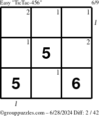 The grouppuzzles.com Easy TicTac-456 puzzle for Friday June 28, 2024 with all 2 steps marked