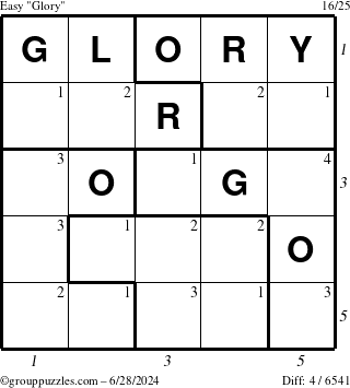 The grouppuzzles.com Easy Glory puzzle for Friday June 28, 2024 with all 4 steps marked