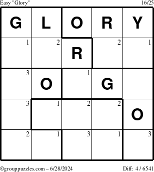 The grouppuzzles.com Easy Glory puzzle for Friday June 28, 2024 with the first 3 steps marked