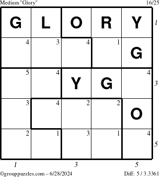 The grouppuzzles.com Medium Glory puzzle for Friday June 28, 2024 with all 5 steps marked