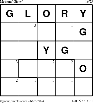 The grouppuzzles.com Medium Glory puzzle for Friday June 28, 2024 with the first 3 steps marked