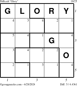 The grouppuzzles.com Difficult Glory puzzle for Friday June 28, 2024 with all 5 steps marked