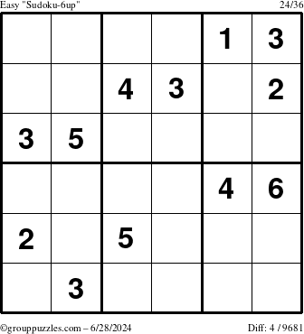 The grouppuzzles.com Easy Sudoku-6up puzzle for Friday June 28, 2024