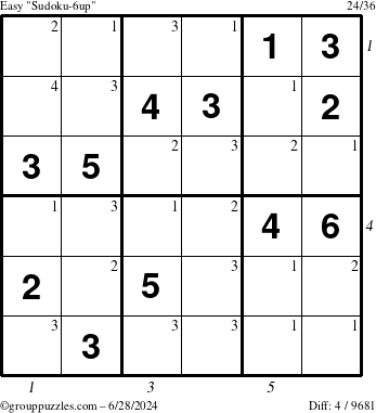 The grouppuzzles.com Easy Sudoku-6up puzzle for Friday June 28, 2024 with all 4 steps marked