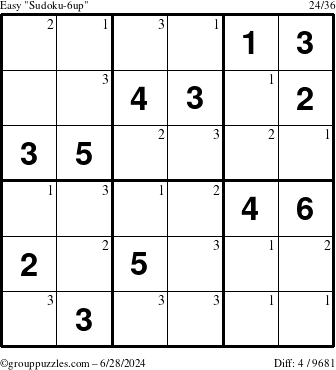 The grouppuzzles.com Easy Sudoku-6up puzzle for Friday June 28, 2024 with the first 3 steps marked