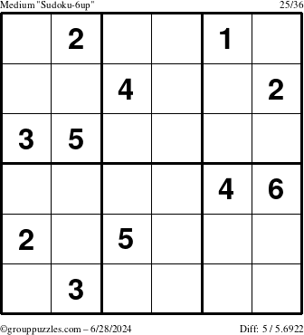 The grouppuzzles.com Medium Sudoku-6up puzzle for Friday June 28, 2024