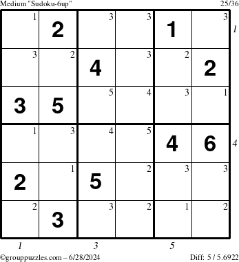 The grouppuzzles.com Medium Sudoku-6up puzzle for Friday June 28, 2024 with all 5 steps marked