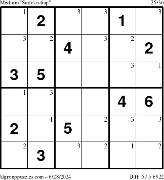 The grouppuzzles.com Medium Sudoku-6up puzzle for Friday June 28, 2024 with the first 3 steps marked