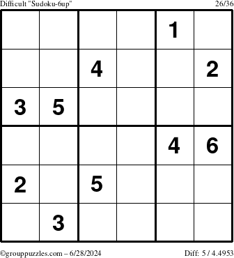 The grouppuzzles.com Difficult Sudoku-6up puzzle for Friday June 28, 2024