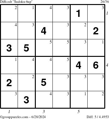 The grouppuzzles.com Difficult Sudoku-6up puzzle for Friday June 28, 2024 with all 5 steps marked