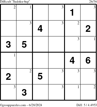 The grouppuzzles.com Difficult Sudoku-6up puzzle for Friday June 28, 2024 with the first 3 steps marked