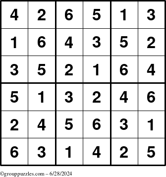 The grouppuzzles.com Answer grid for the Sudoku-6up puzzle for Friday June 28, 2024